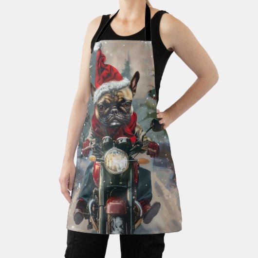 Franse buldog rijden motorfiets kerst schort (Insitu)