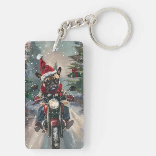Franse buldog rijden motorfiets kerst sleutelhanger (achterkant)