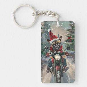 Franse buldog rijden motorfiets kerst sleutelhanger