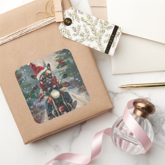 Franse buldog rijden motorfiets kerst vierkante sticker (Geschenken)