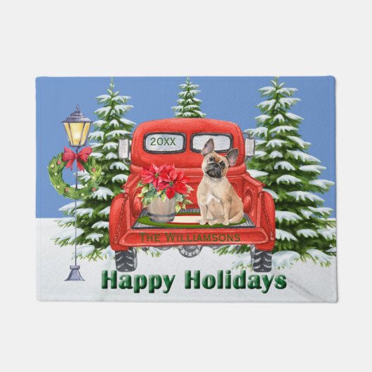 Franse buldog rode  vrachtwagen familienaam deurmat (Voorkant)