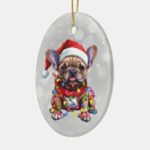 Franse buldog verpakt in kerstverlichting keramisch ornament (Links)