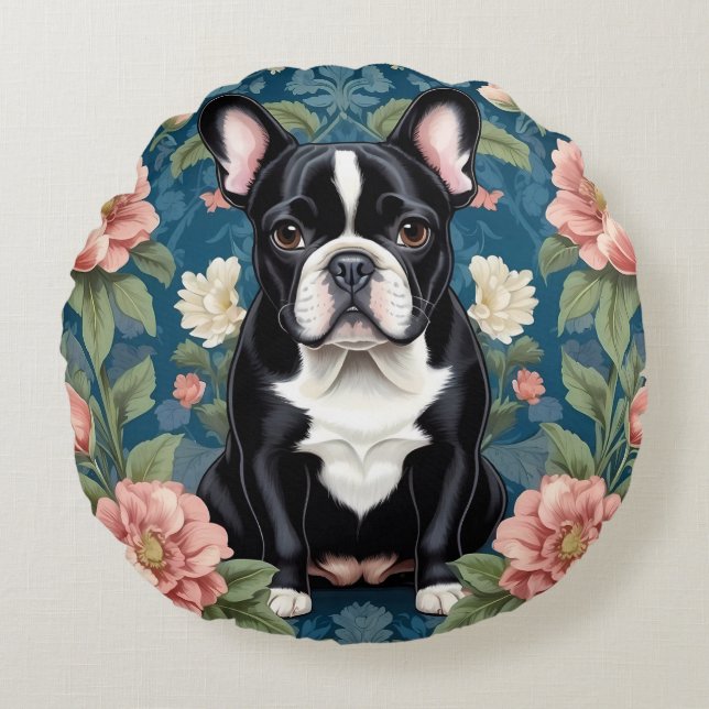 Franse buldog William Morris geïnspireerd Floral Rond Kussen (Voorkant)