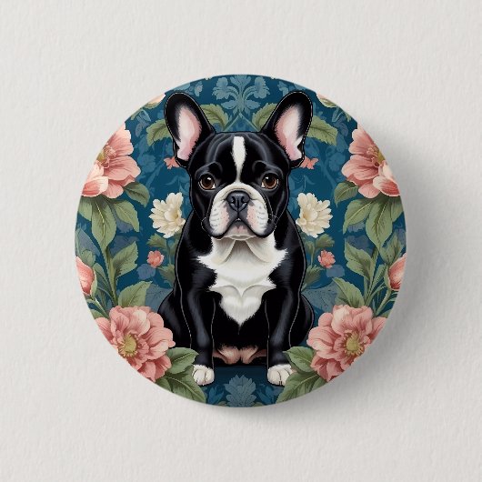 Franse buldog William Morris geïnspireerd Floral Ronde Button 5,7 Cm (Voorkant)