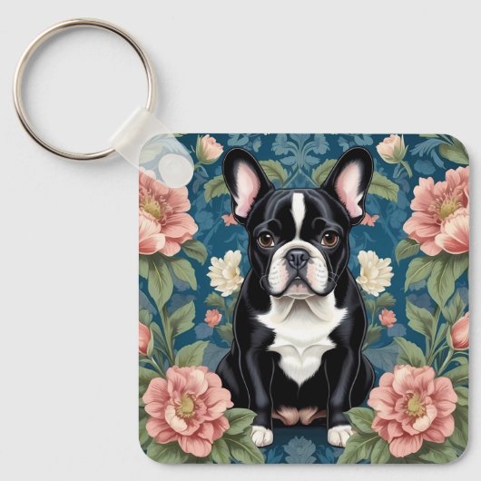 Franse buldog William Morris geïnspireerd Floral Sleutelhanger (Voorkant)