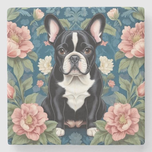 Franse buldog William Morris geïnspireerd Floral Stenen Onderzetter (Voorkant)