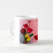 Franse buldog zitten op hart kussen en bloemen koffiemok (Voorkant links)