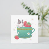 Franse Bulldog, Aardbeien & Cup Illustratie Feestdagenkaart (Staand voorkant)