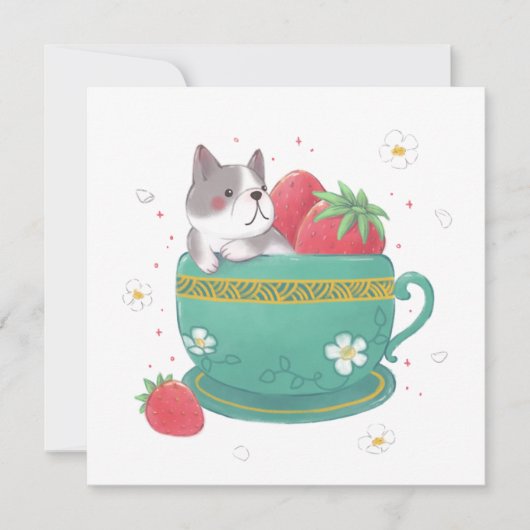 Franse Bulldog, Aardbeien & Cup Illustratie Feestdagenkaart (Voorkant)