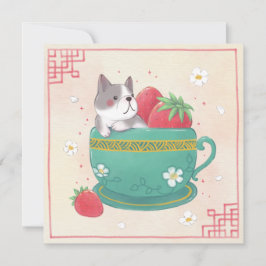 Franse Bulldog, Aardbeien & Cup Illustratie Feestdagenkaart