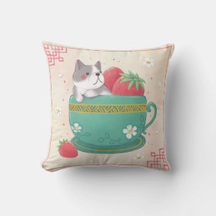 Franse Bulldog, Aardbeien & Cup Illustratie Kussen