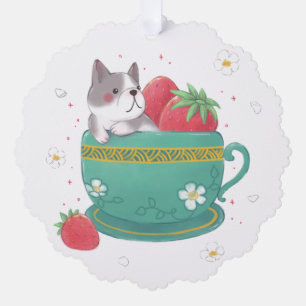 Franse Bulldog, Aardbeien & Cup Illustratie Ornament Kaart