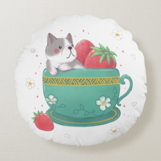 Franse Bulldog, Aardbeien & Cup Illustratie Rond Kussen (Voorkant)