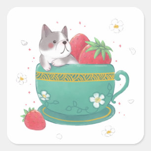 Franse Bulldog, Aardbeien & Cup Illustratie Vierkante Sticker