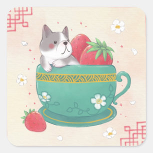 Franse Bulldog, Aardbeien & Cup Illustratie Vierkante Sticker