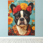Franse Bulldog als Frida Kahlo Canvas Afdruk (Insitu (Houten vloer))