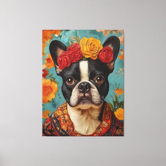 Franse Bulldog als Frida Kahlo Canvas Afdruk (Voorkant)