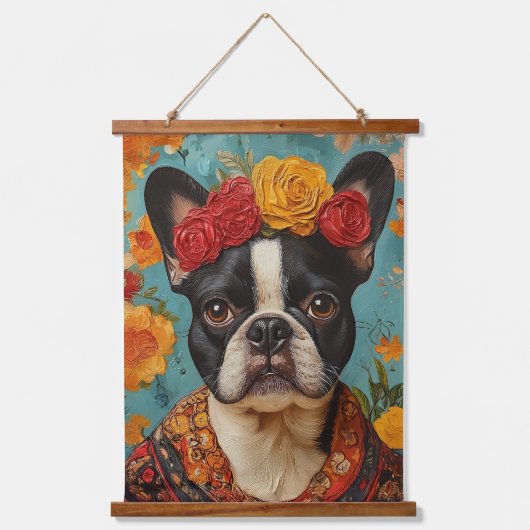 Franse Bulldog als Frida Kahlo Hangend Wandkleed (Voorkant)