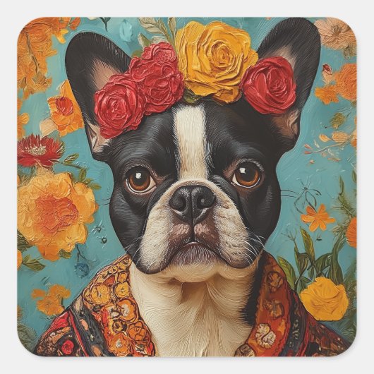 Franse Bulldog als Frida Kahlo Vierkante Sticker (Voorkant)