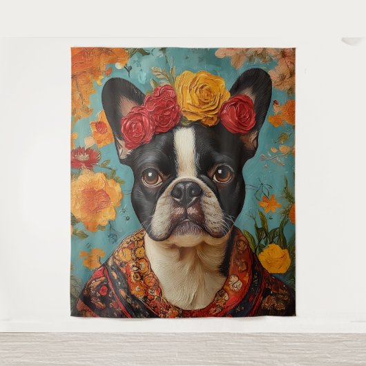 Franse Bulldog als Frida Kahlo Wandkleed (Voorkant)