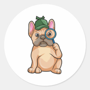 Franse bulldog als rechercheur met vergrootglas ronde sticker