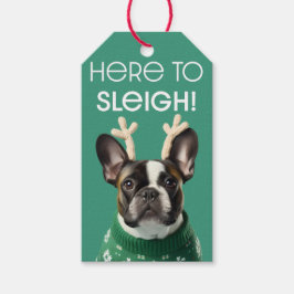 Franse Bulldog & Antlers "Hier naar Sleigh" Gift L Cadeaulabel