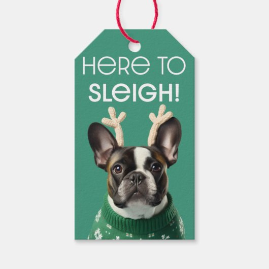 Franse Bulldog & Antlers "Hier naar Sleigh" Gift L Cadeaulabel (Voorkant)