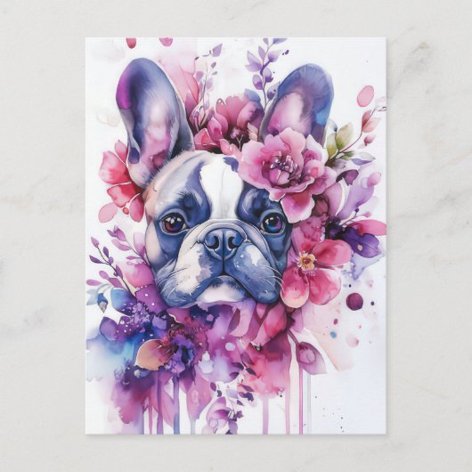 Franse Bulldog Aquarel Bloem Briefkaart (Voorkant)