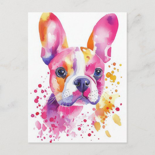 Franse Bulldog Aquarel Bloem Briefkaart (Voorkant)