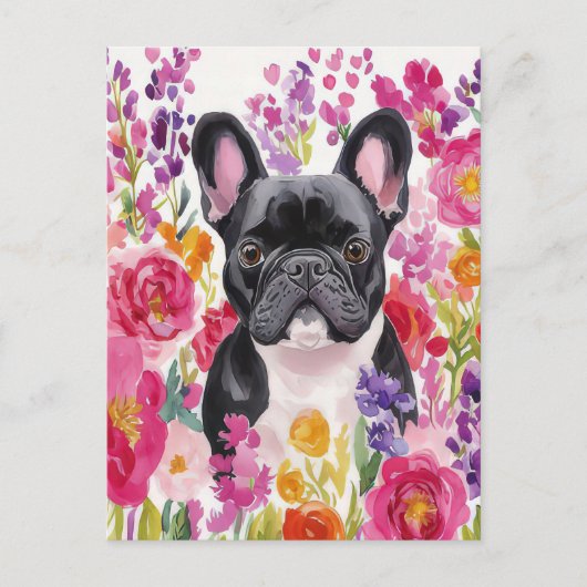 Franse Bulldog Aquarel Bloem Briefkaart (Voorkant)