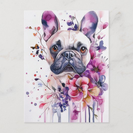 Franse Bulldog Aquarel Bloem Briefkaart (Voorkant)