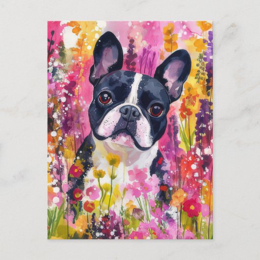Franse Bulldog Aquarel Bloem Briefkaart (Voorkant)