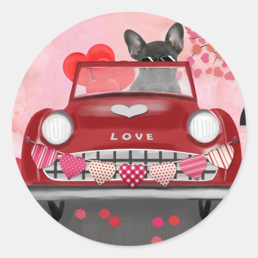 Franse Bulldog auto met hart Valentijnse Ronde Sticker (Voorkant)