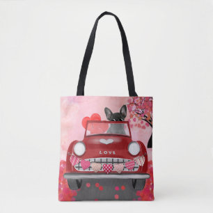 Franse Bulldog auto met hart Valentijnse Tote Bag