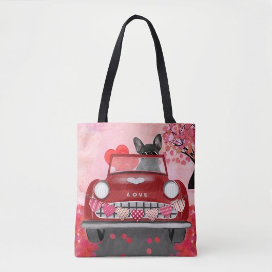 Franse Bulldog auto met hart Valentijnse Tote Bag (Voorkant)