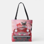 Franse Bulldog auto met hart Valentijnse Tote Bag (Achterkant)