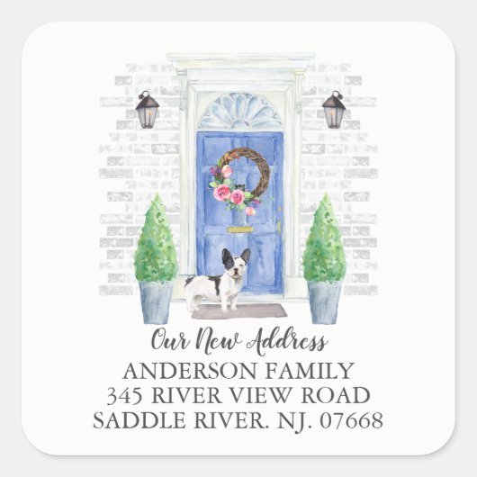 Franse Bulldog Blauwe Deur Nieuw Adres Label Stick (Voorkant)
