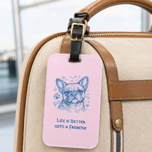 Franse Bulldog blauwe lijntekening doodle frenchie Bagagelabel