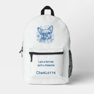 Franse Bulldog blauwe lijntekening doodle frenchie Bedrukte Rugzak