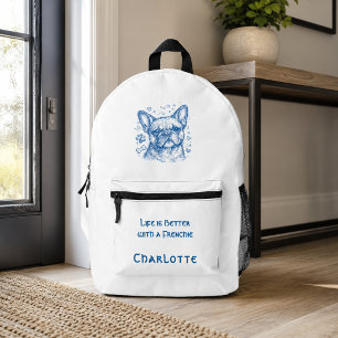 Franse Bulldog blauwe lijntekening doodle frenchie Bedrukte Rugzak