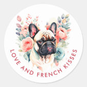Franse Bulldog bloemen liefde en Franse kussen Ronde Sticker (Voorkant)