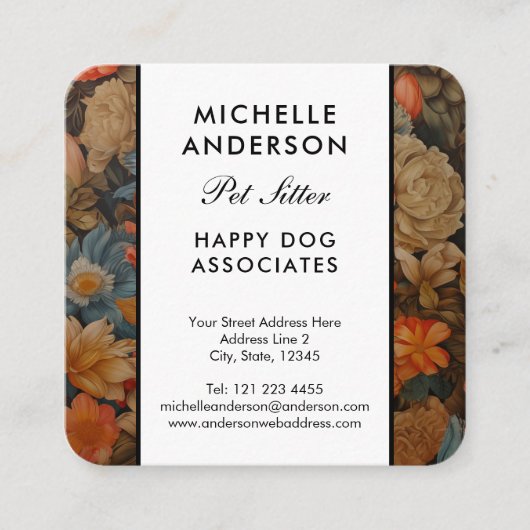 Franse Bulldog  Bloemen Vierkante Visitekaartje (Voorkant)