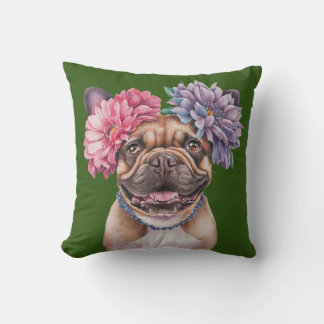 Franse Bulldog bloemkroon Waterverf Print Kussen