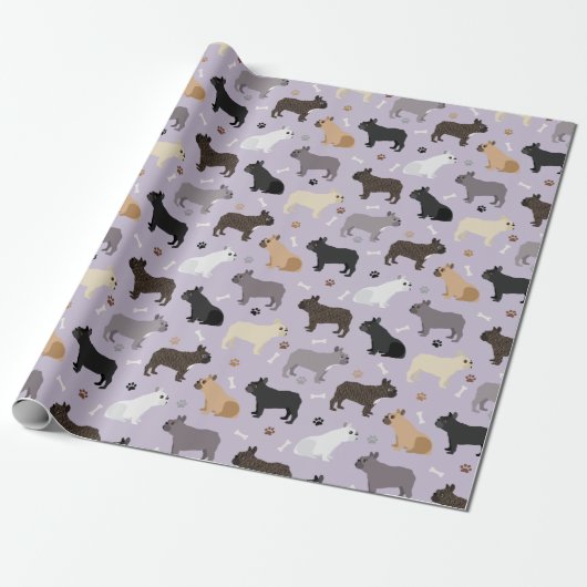 Franse Bulldog Botten en Paws Paars Cadeaupapier (Uitgerold)