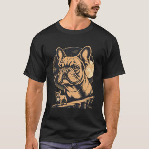 Franse Bulldog Celestial Moon Art Vintage Houtsned T-shirt