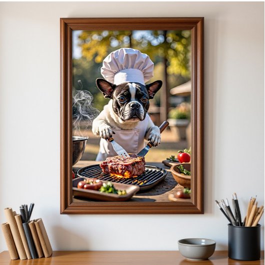 Franse Bulldog Chef Grills Steak Poster