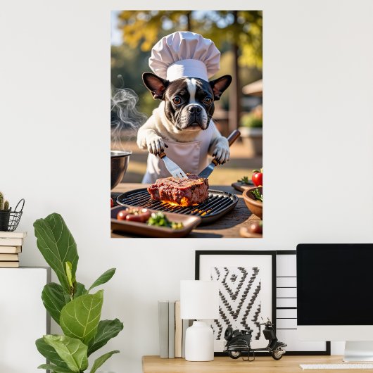 Franse Bulldog Chef Grills Steak Poster (Thuiskantoor)