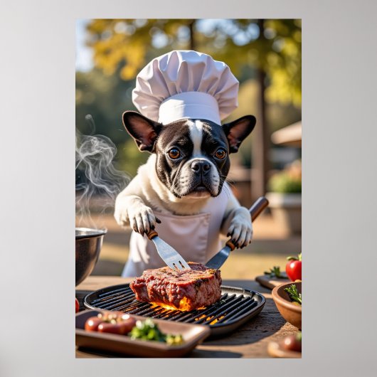 Franse Bulldog Chef Grills Steak Poster (Voorkant)