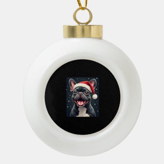 Franse Bulldog Christmas T-shirt met lange mouwen Keramische Bal Ornament (Voorkant)