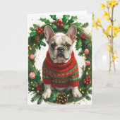 Franse Bulldog Christmas Wreath Holiday Art Kaart (Gele Bloem)